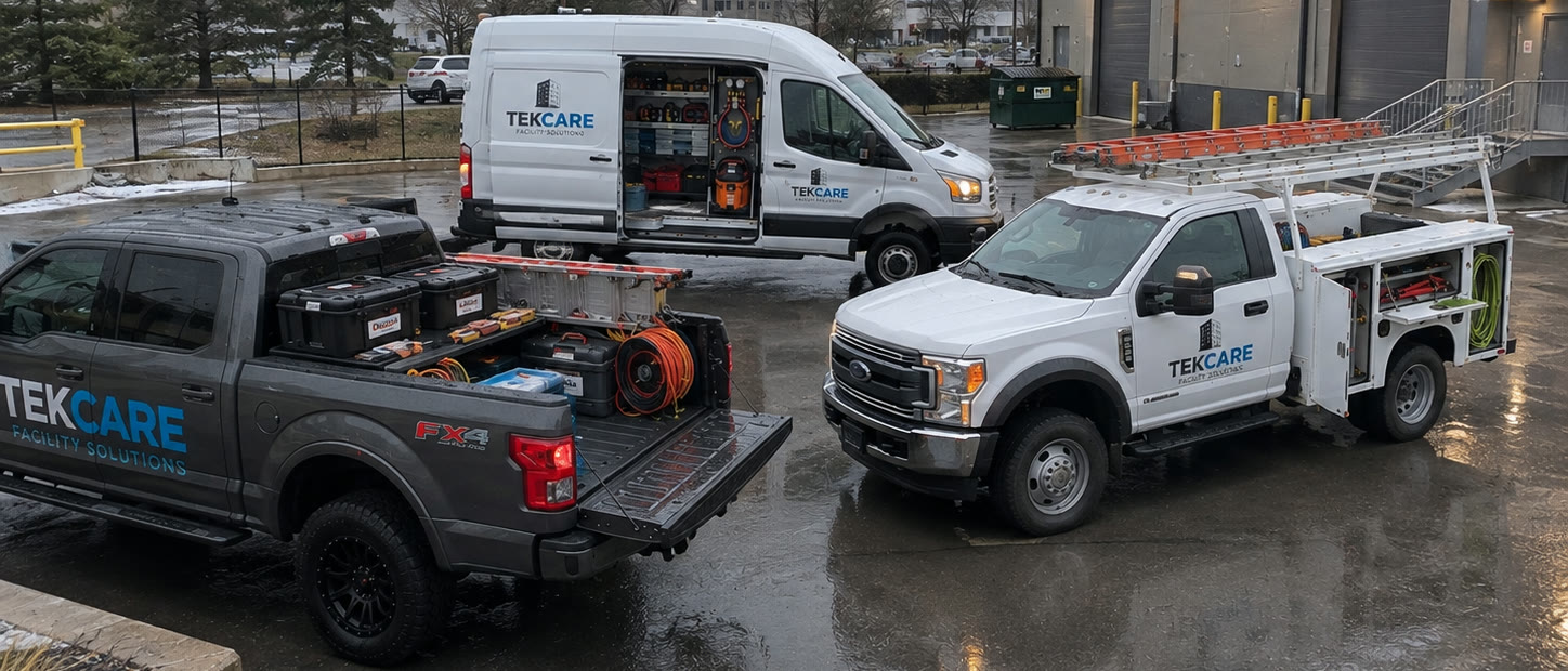 Three TekCare-branded service vehicles, a pickup truck, a utility truck with open tool compartments, and a cargo van, loaded with equipment in a warehouse yard
